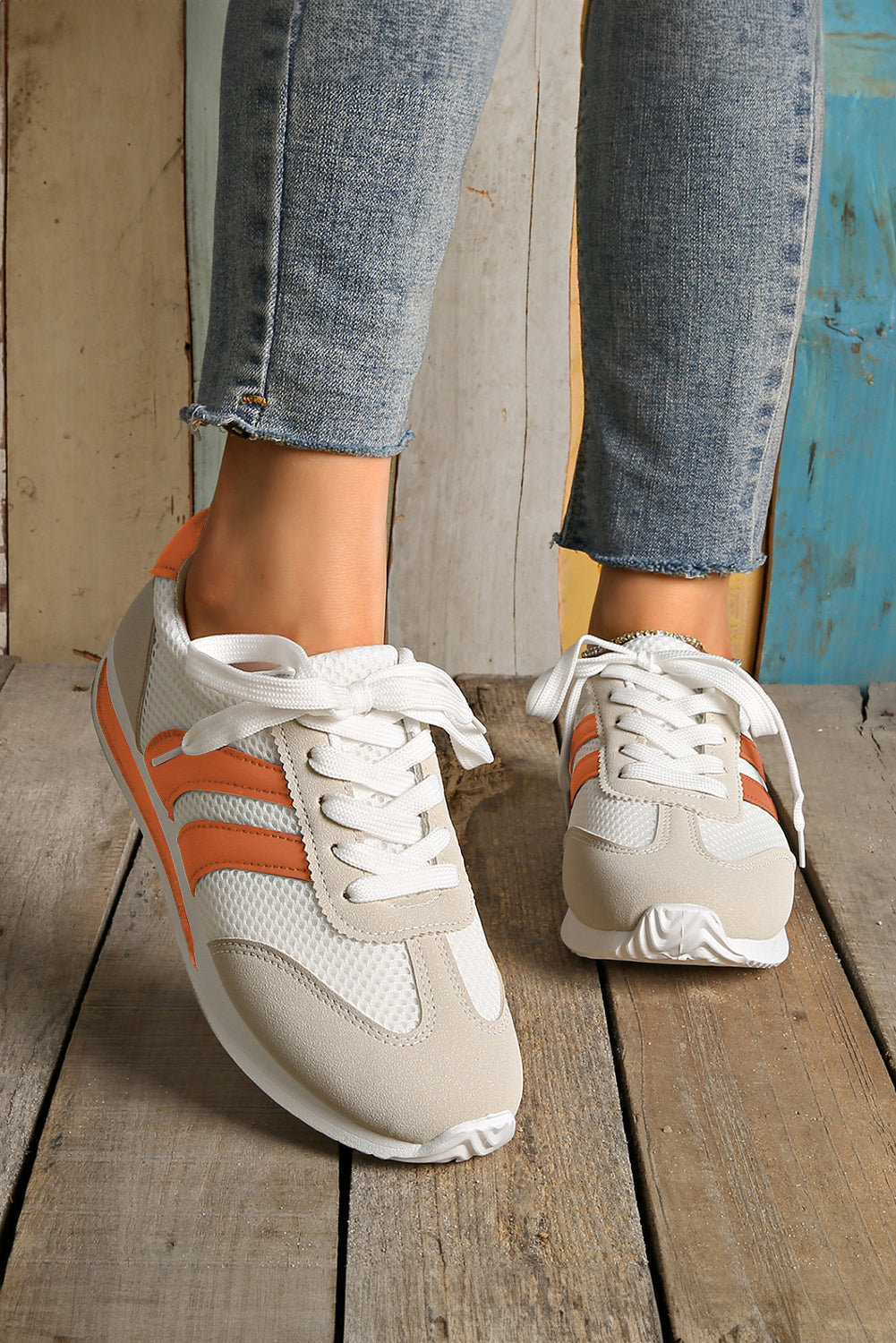 White Color Block Patchwork Breathable Lace-up Sneakers