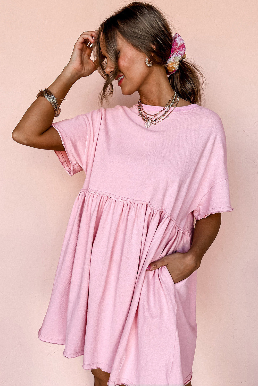 Sky Blue Solid Color Pocketed Raw Edge Babydoll Dress