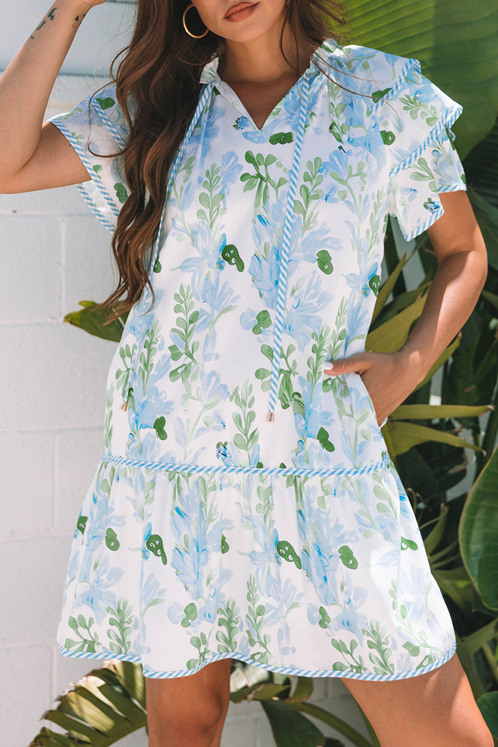 Pink Plus Size Floral Print Striped Detail Short Summer Dress