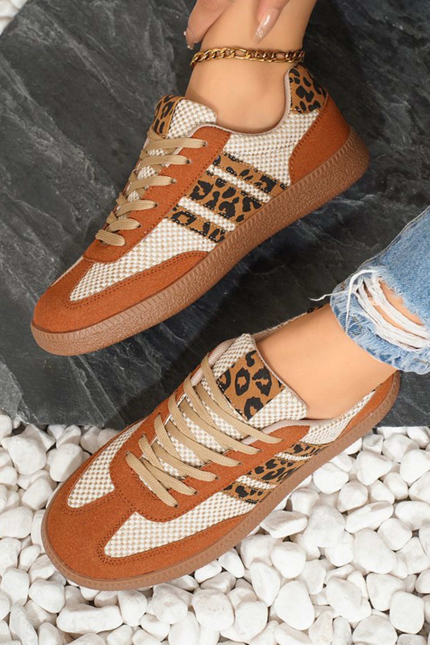 Buckskin Checkered Leopard Color Block Patchwork Lace Up Sneakers
