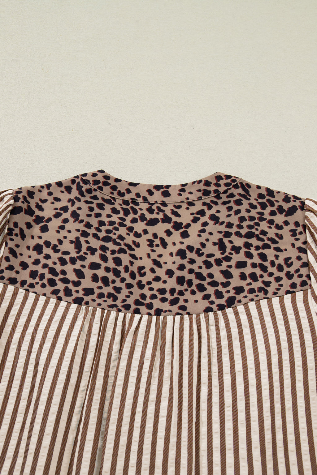 Sky Blue Stripe Leopard Trim V Neck Button Down Half Sleeve Shirt