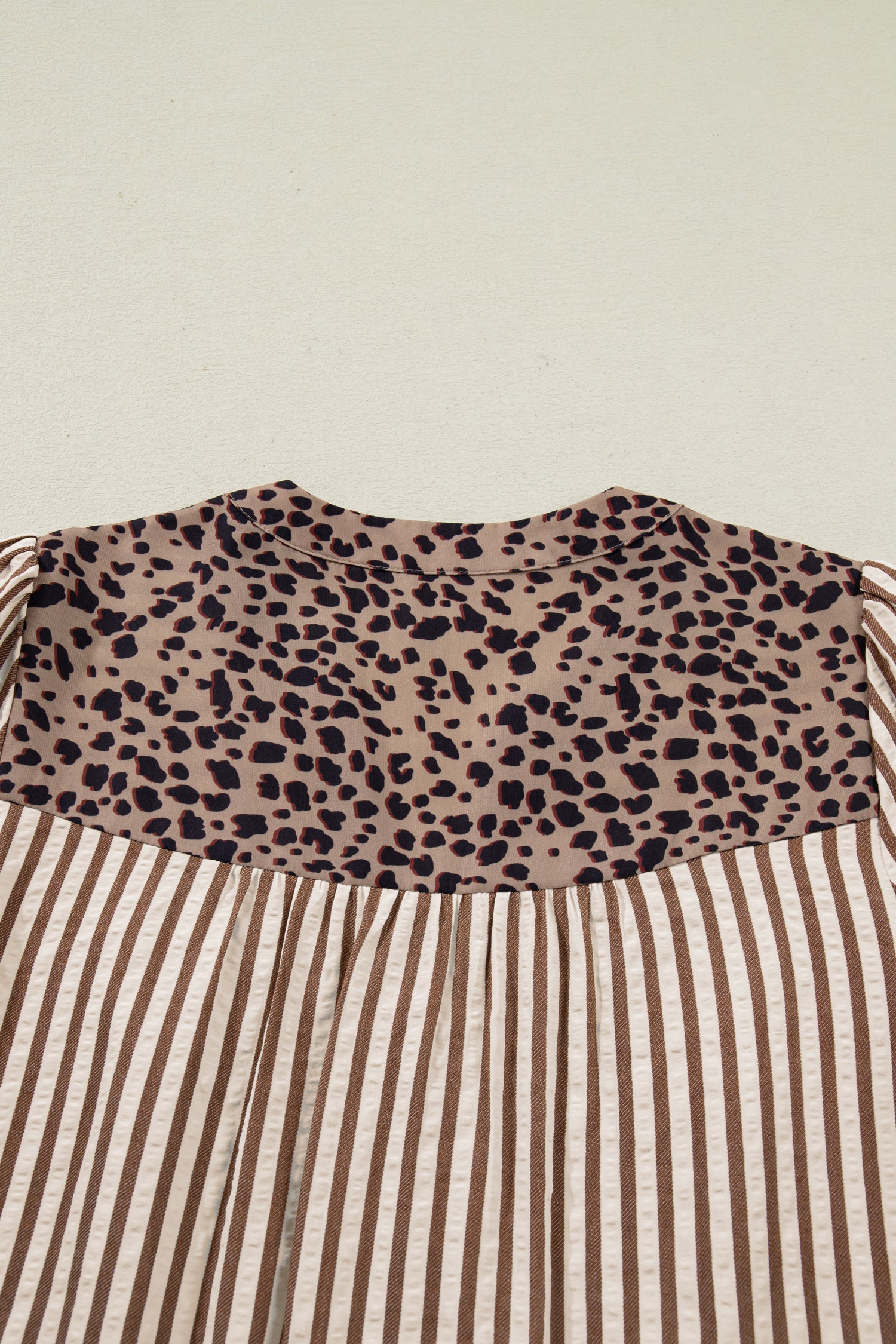 Sky Blue Stripe Leopard Trim V Neck Button Down Half Sleeve Shirt
