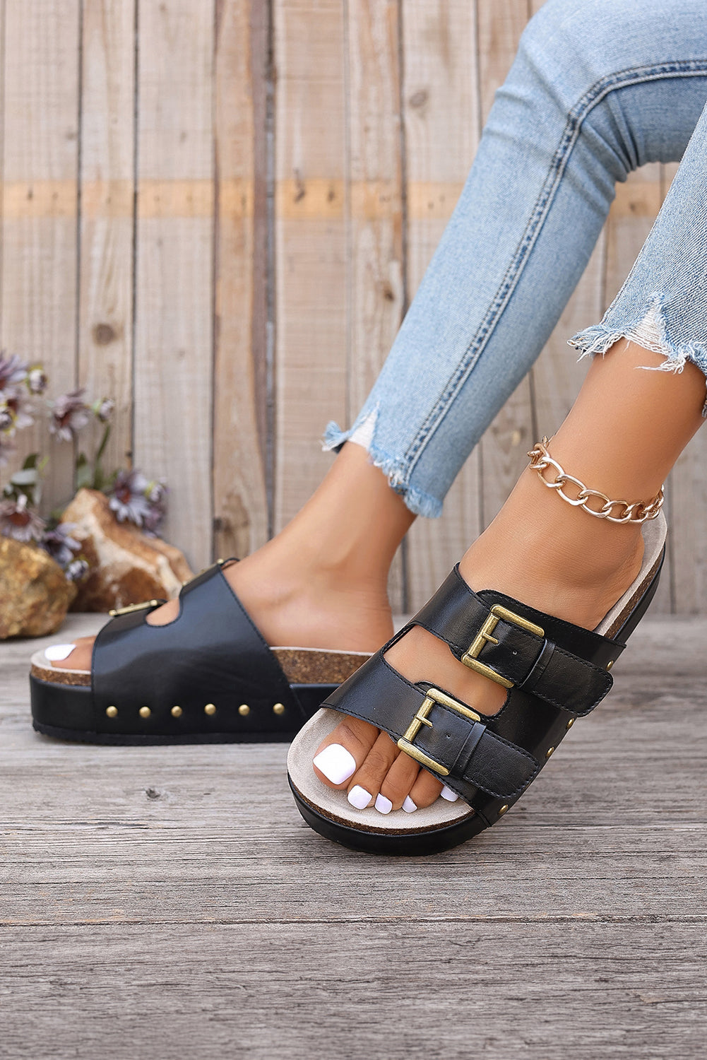 Chestnut Suede Buckle Decor Footbed Sandal Slippers