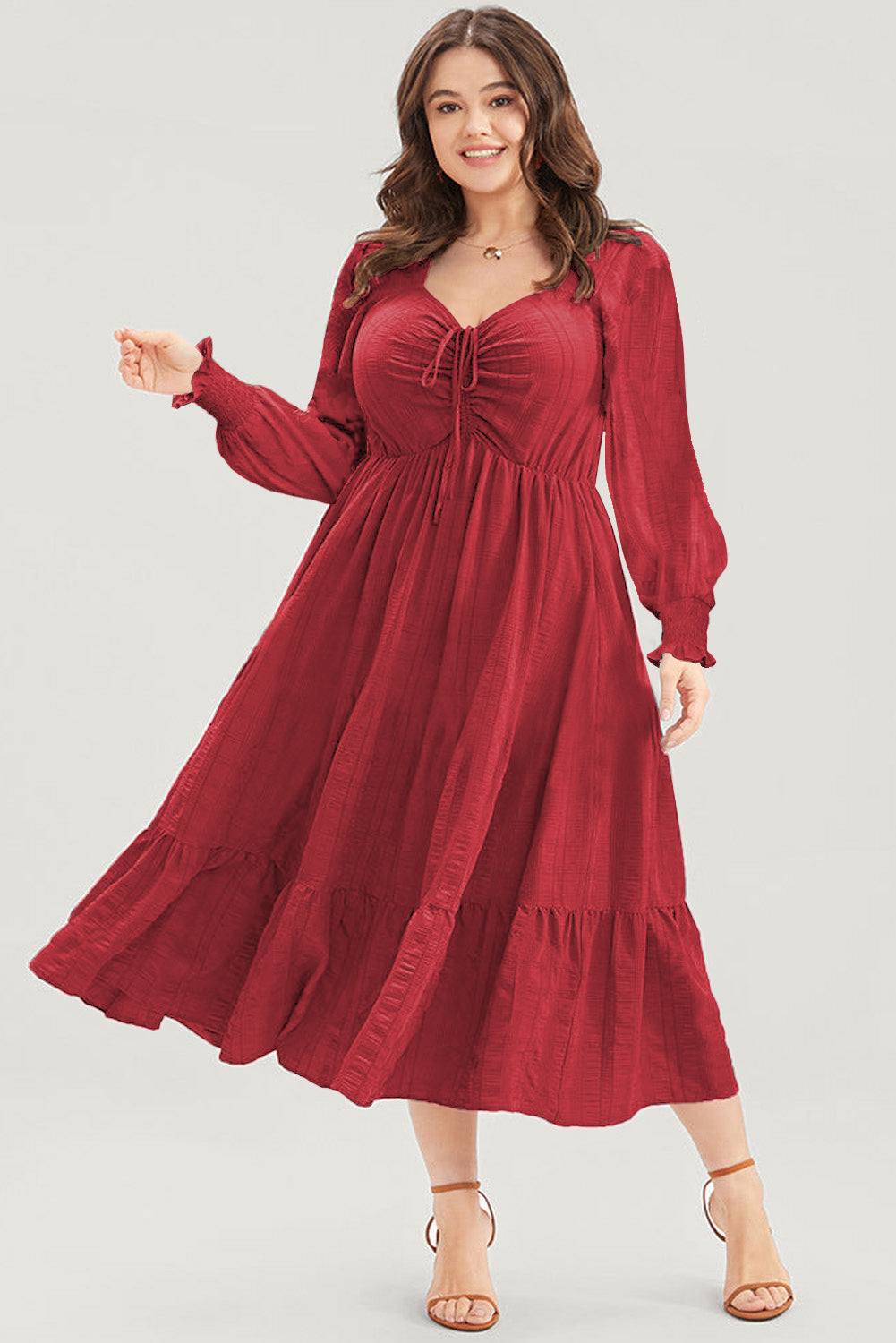 Black Lace-up Ruched Front Long Sleeve Ruffle Hem Plus Size Midi Dress