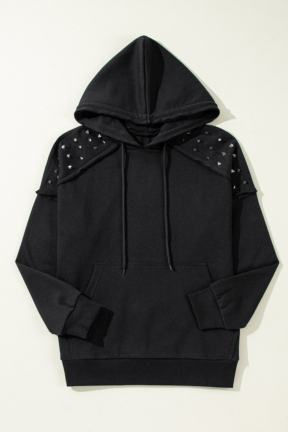 Fushia Solid Color Rivet Stud Raglan Sleeve Hoodie with Pocket
