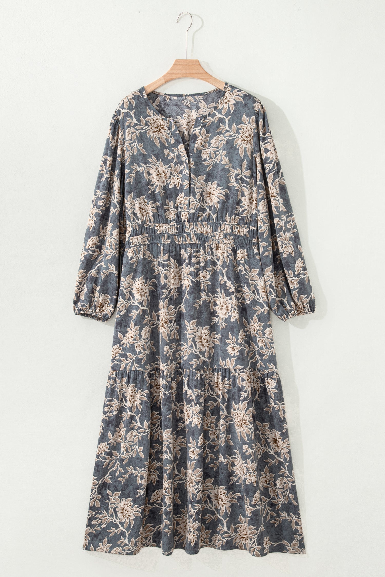 Sky Blue Floral Print Smocked High Waist Long Sleeve Maxi Dress
