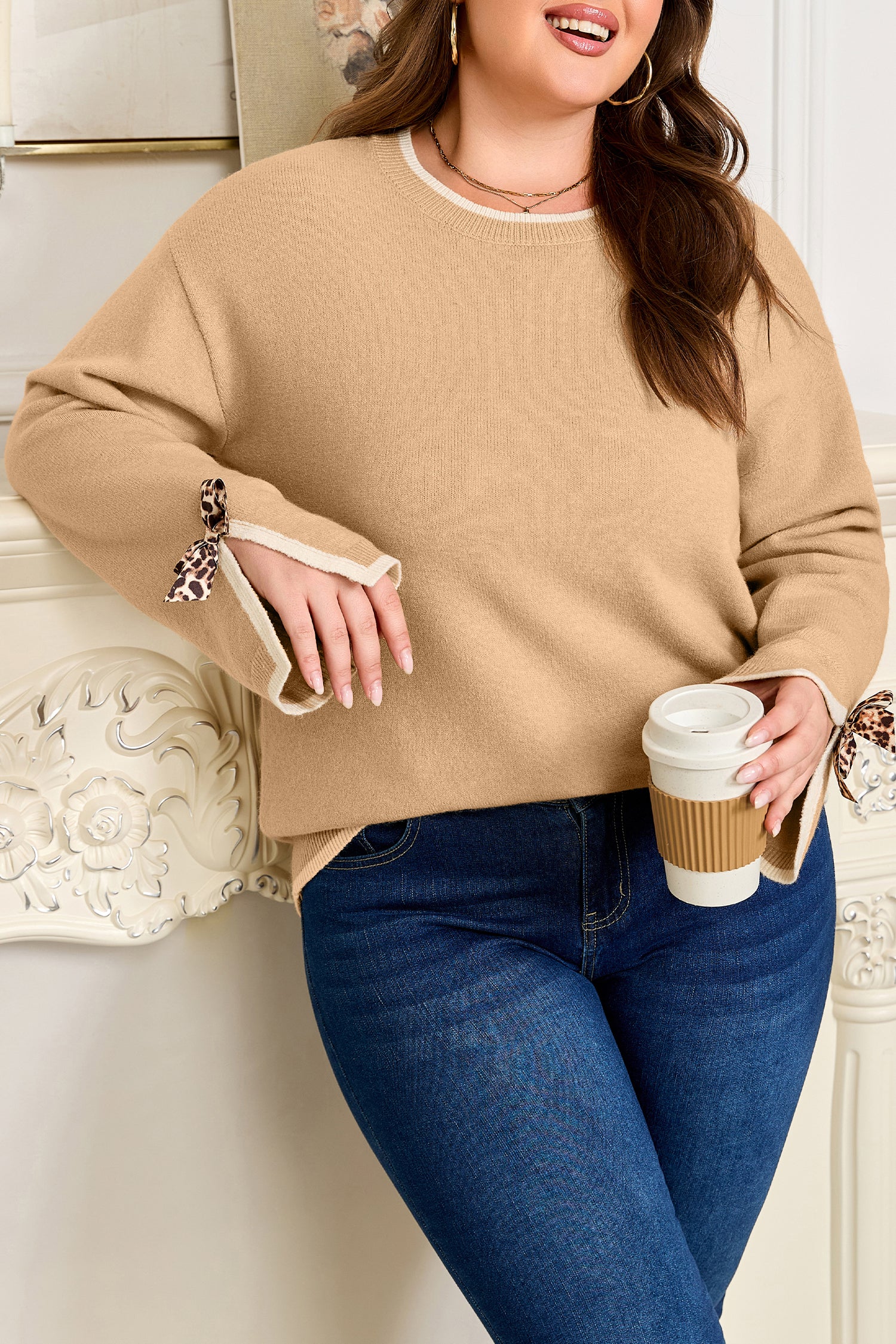 Tan Leopard Bow Decor Split Cuff Contrast Trim Sweater