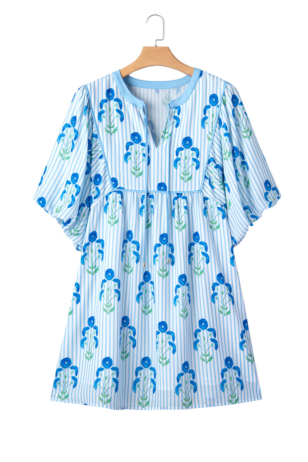 Sky Blue Floral Striped Bubble Short Sleeve Plus Size Dress