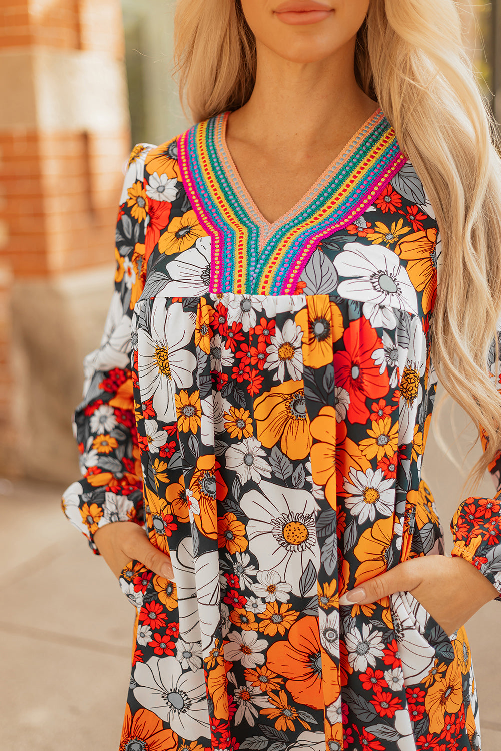 Multicolour Crochet V Neck Half Sleeve Boho Floral Blouse