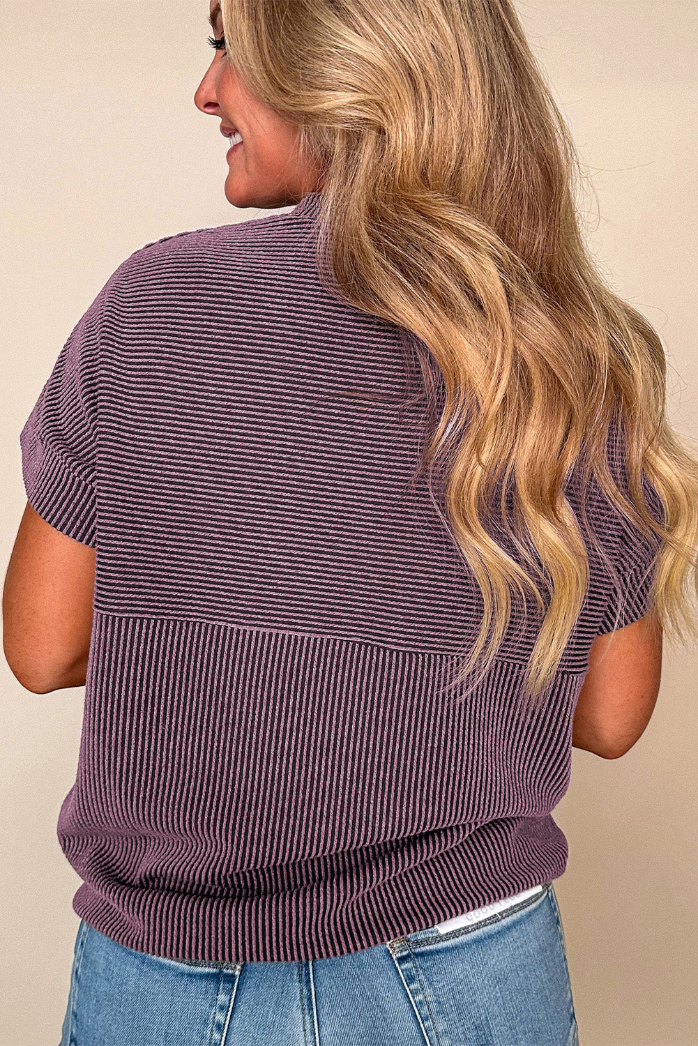 Bright Pink Plain Corded Knit Mock Neck T Shirt