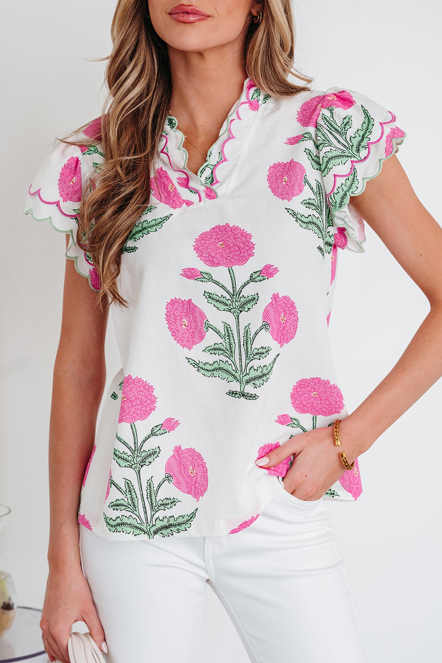 Blue Wild Flower Print Contrast Trim Scallop Detail Short Sleeve Blouse