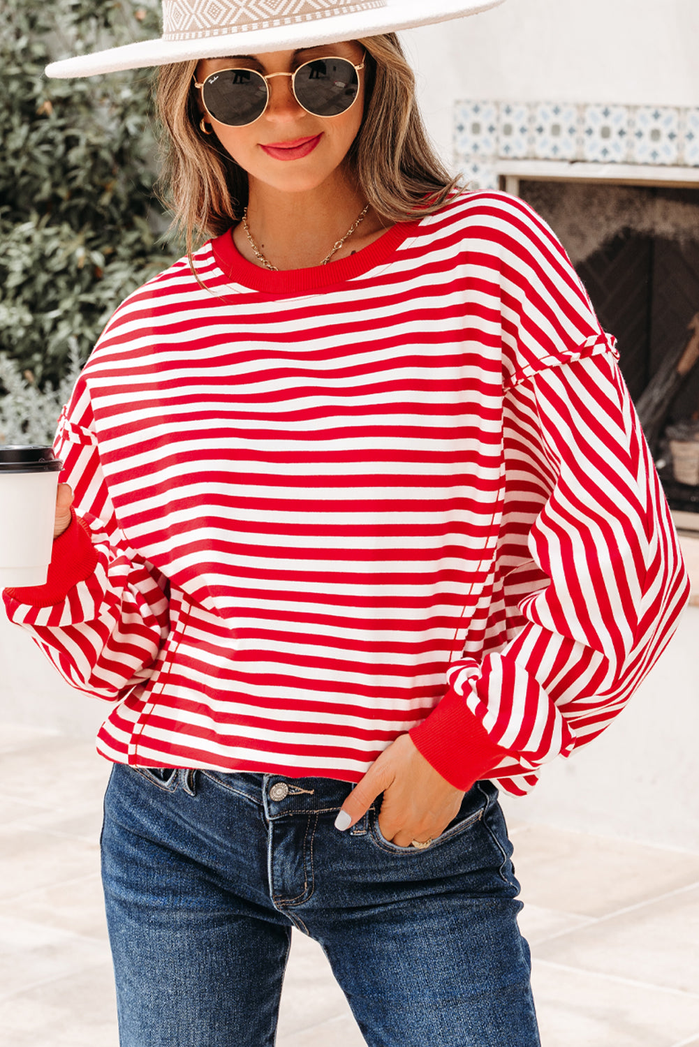 Orange Stripe Exposed Seam Drop Shoulder Casual Pullover Top