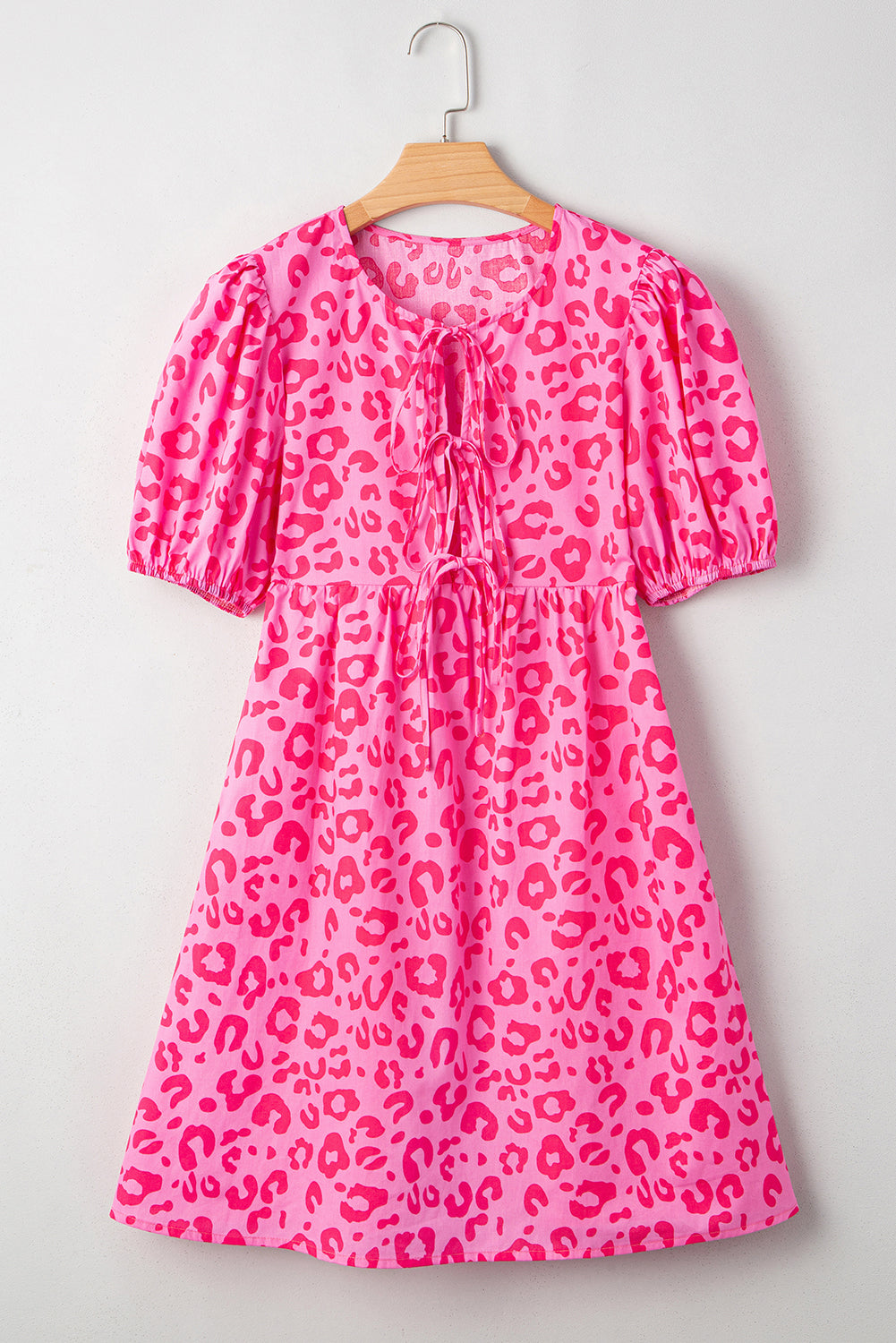 Bright Pink Solid Color Puff Sleeve Tie Front High Waist Mini Dress