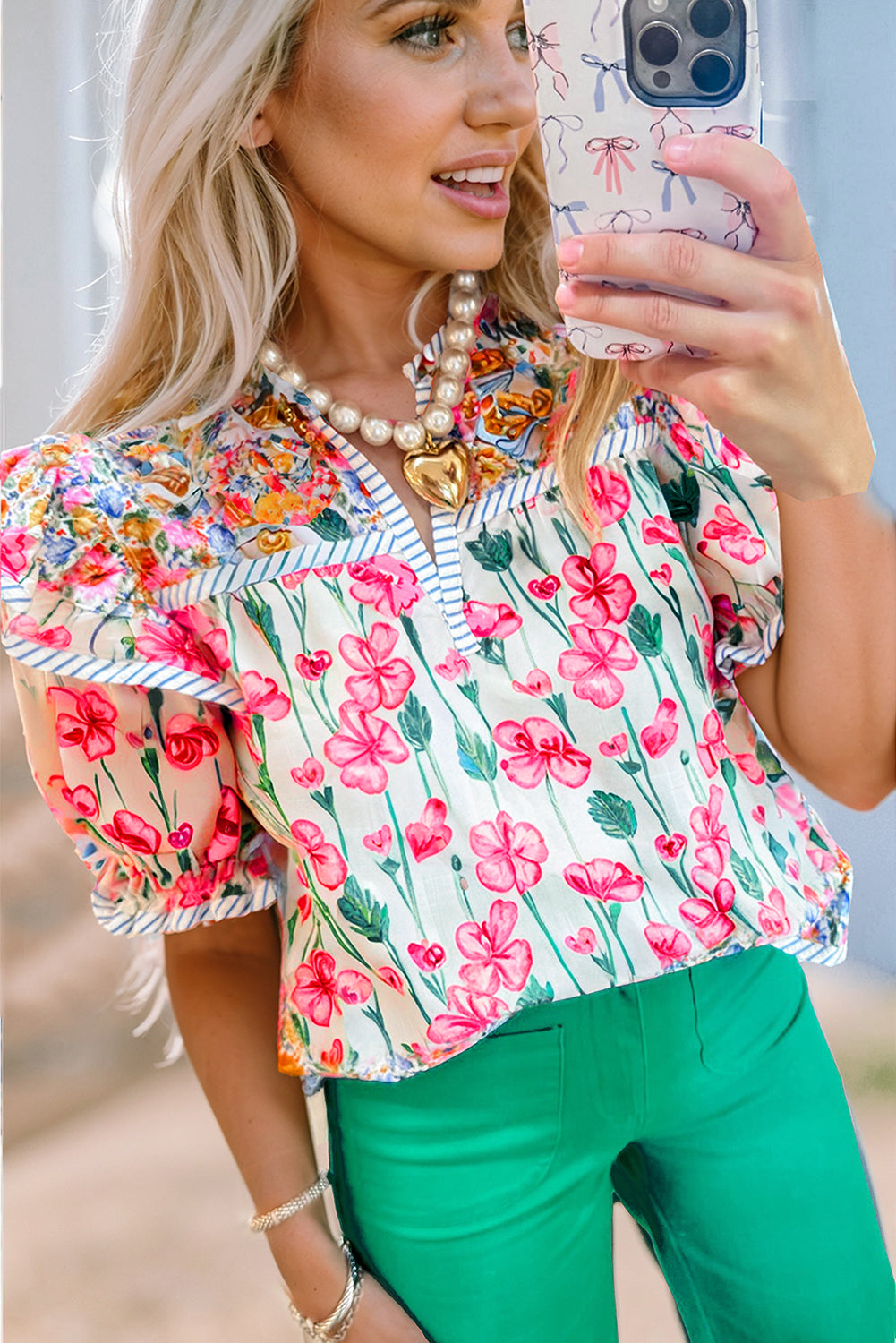 Pink Plus Size Floral Print Striped Trim V Neck Blouse