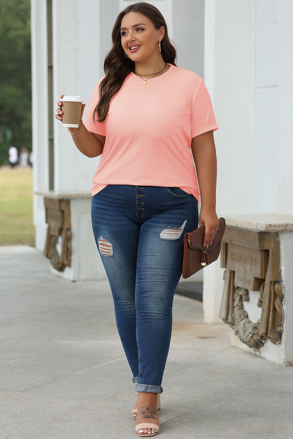 Khaki Casual Plain Crew Neck Tee