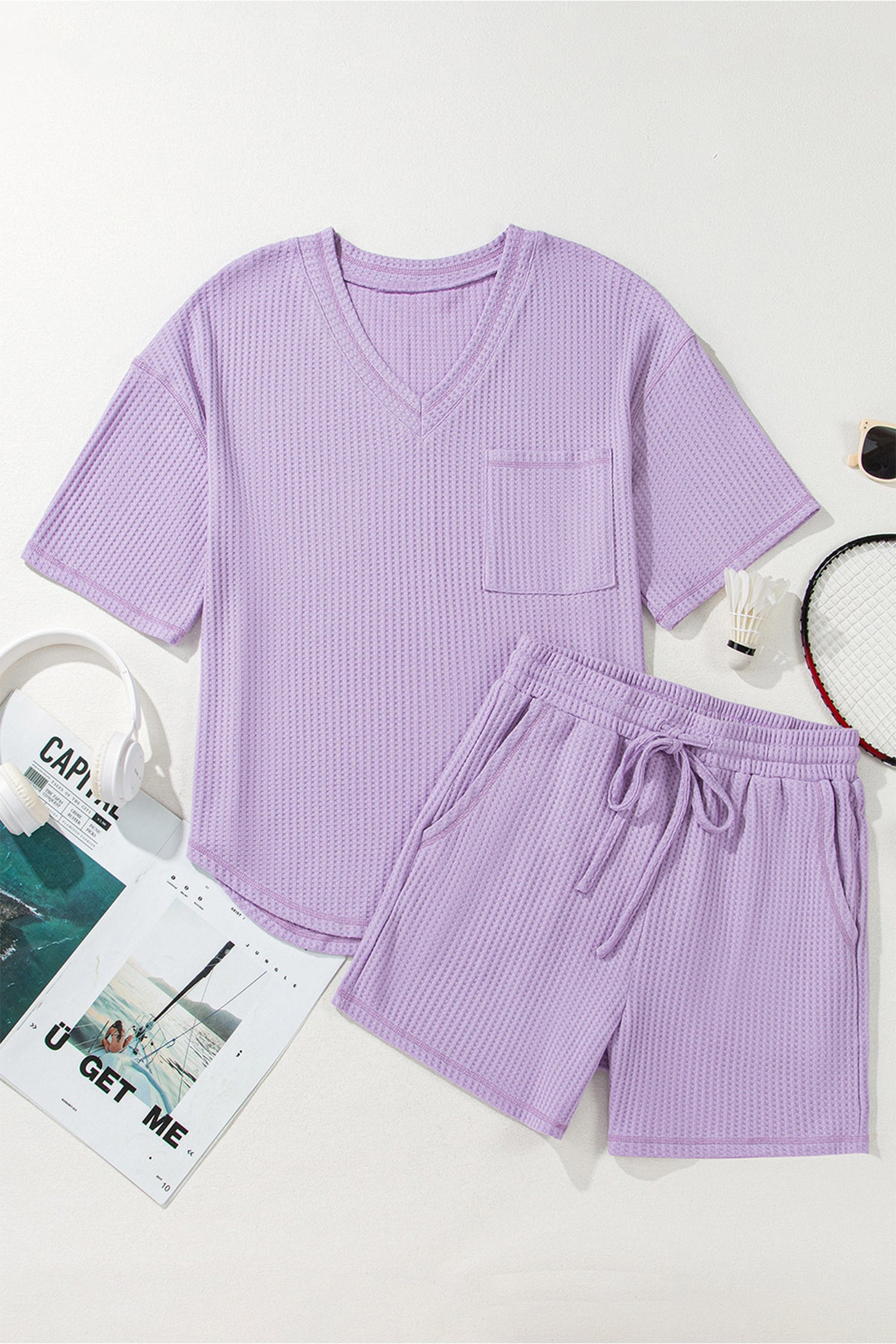 Rose Red Solid Color Waffled V Neck Loose Tee Drawstring Shorts Set