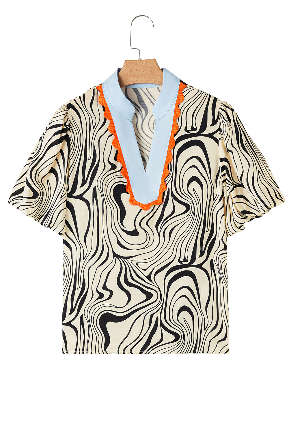 White Zebra Stripe Print Contrast V-Neck Ricrac Detail Short Sleeve Blouse Top