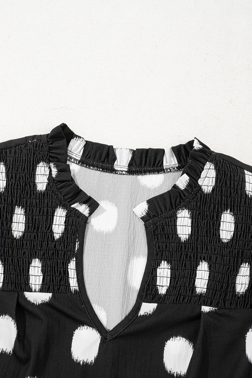 Black Polka Dot Print Shirred Yoke Notched Neck Balloon Sleeve Blouse