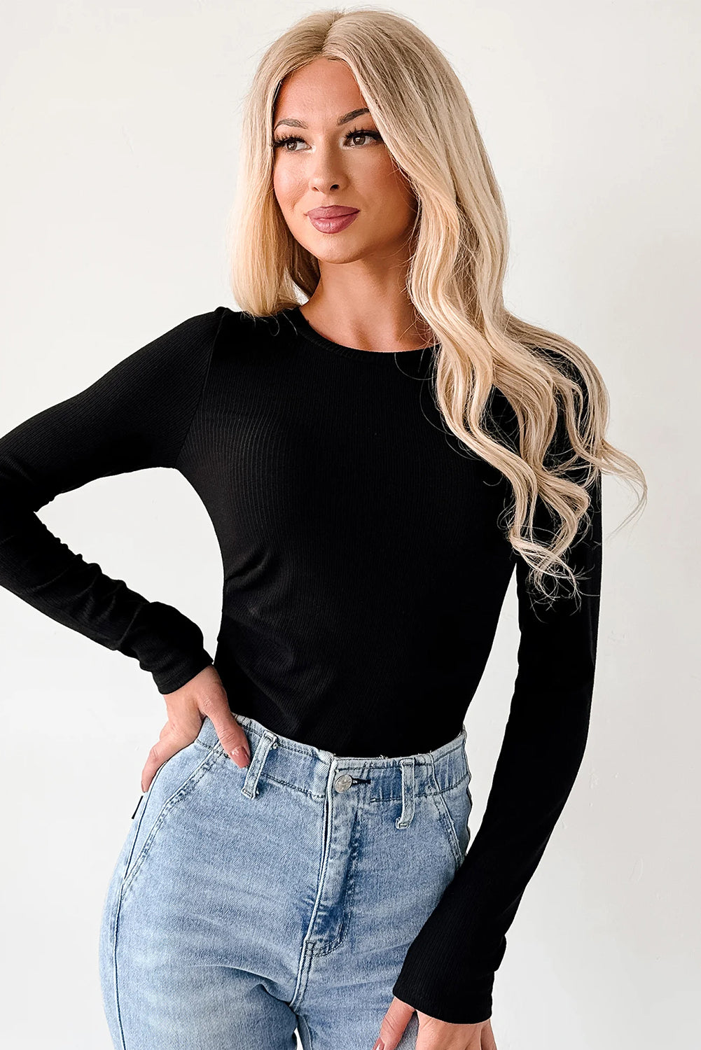 White Ribbed Long Sleeve Crew Neck Solid Color Bodysuit