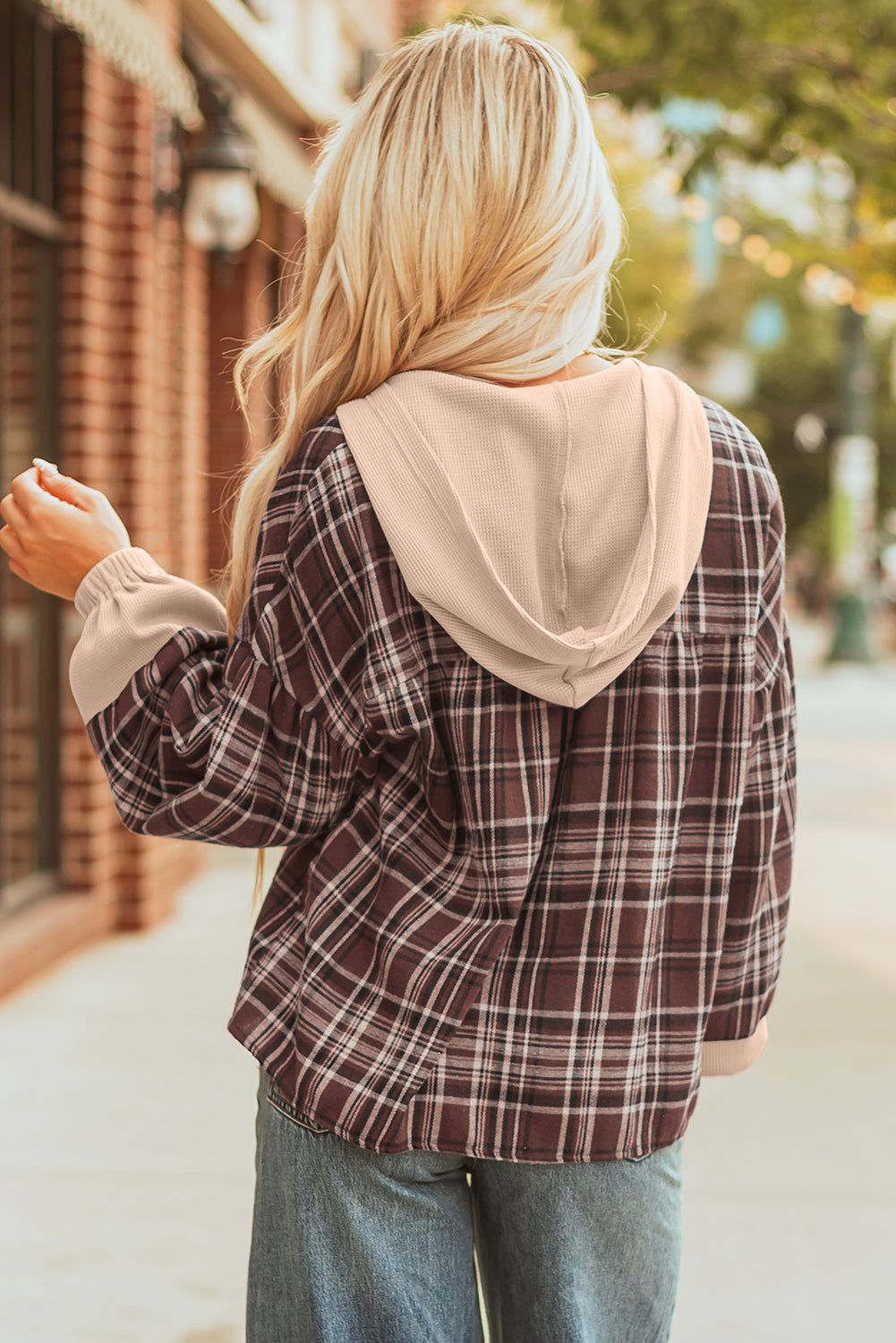 Gray Plaid Patchwork Long Sleeve Button Hooded Blouse