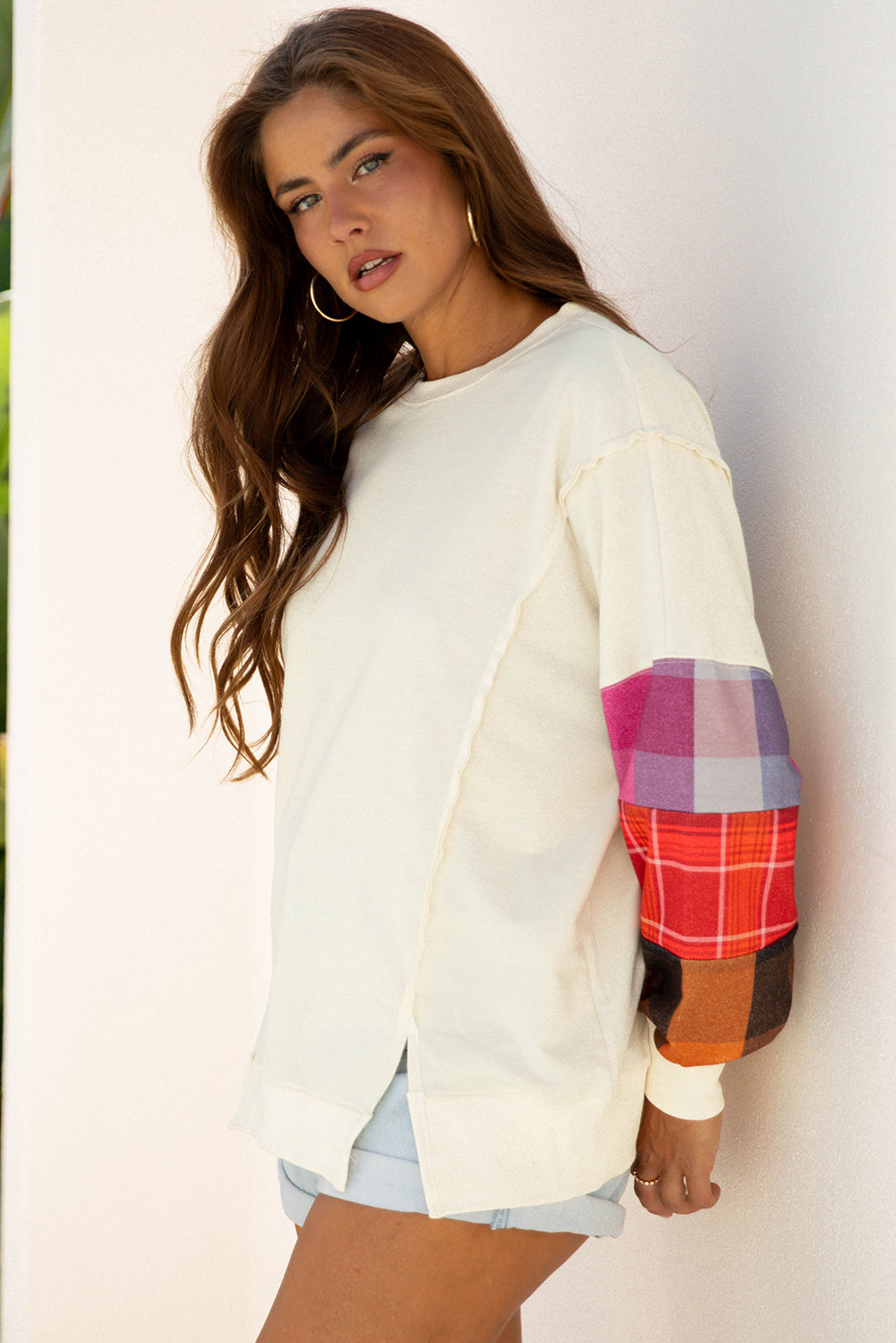 Beige Plus Size Multicolor Plaid Patchwork Sleeve Pullover Top