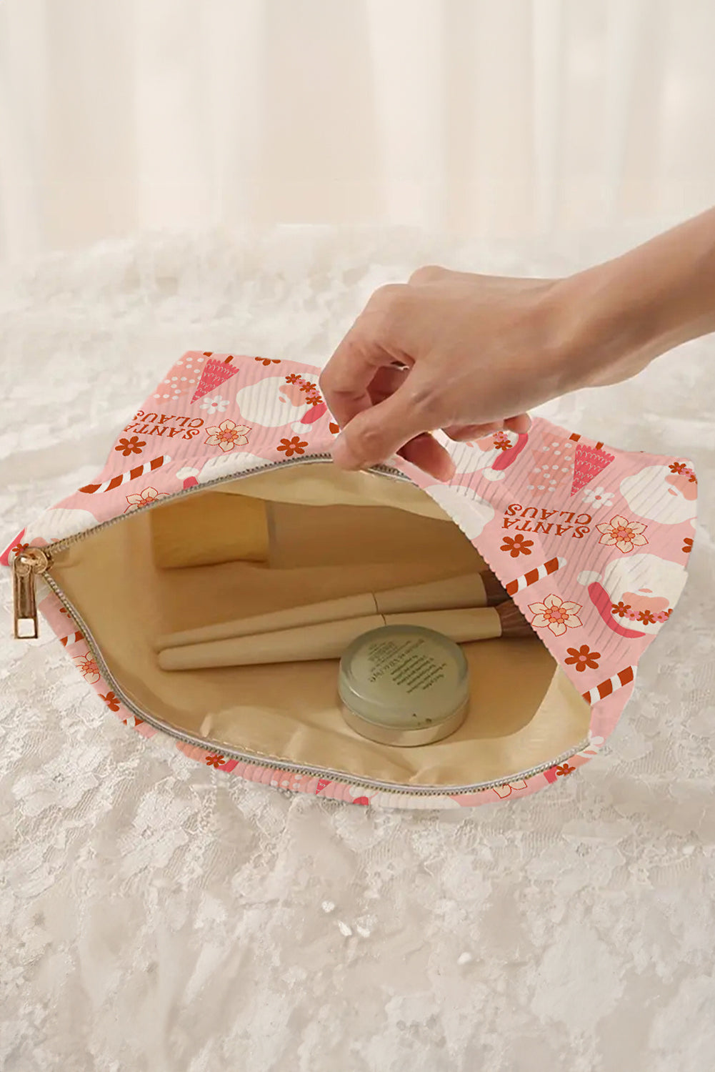 White Christmas Fashion Print Corduroy Zip Up Cosmetic Bag