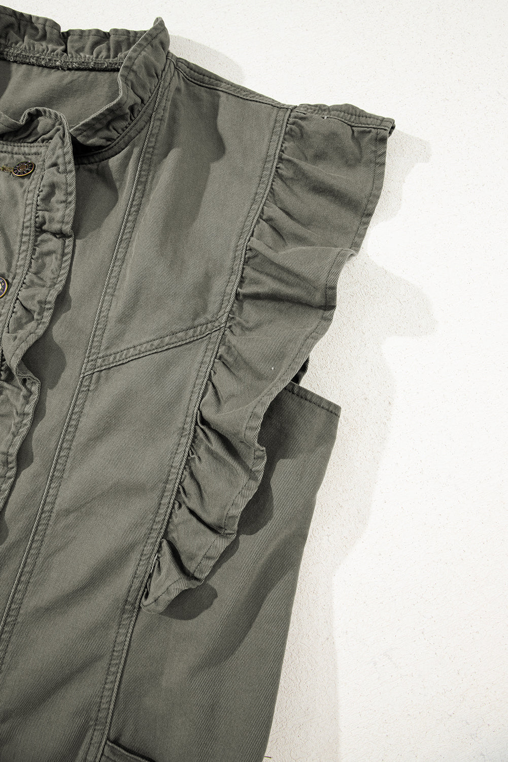 Pale Khaki Ruffled Patchwork Denim Jacket Vest