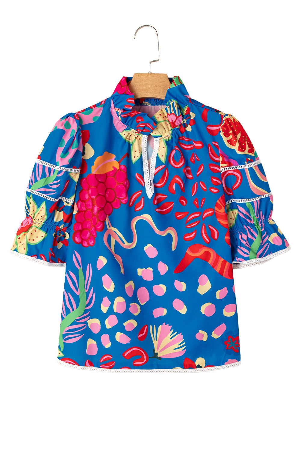 Blue Abstract Print Frilled Collar Ruffled Puff Short Sleeve Top