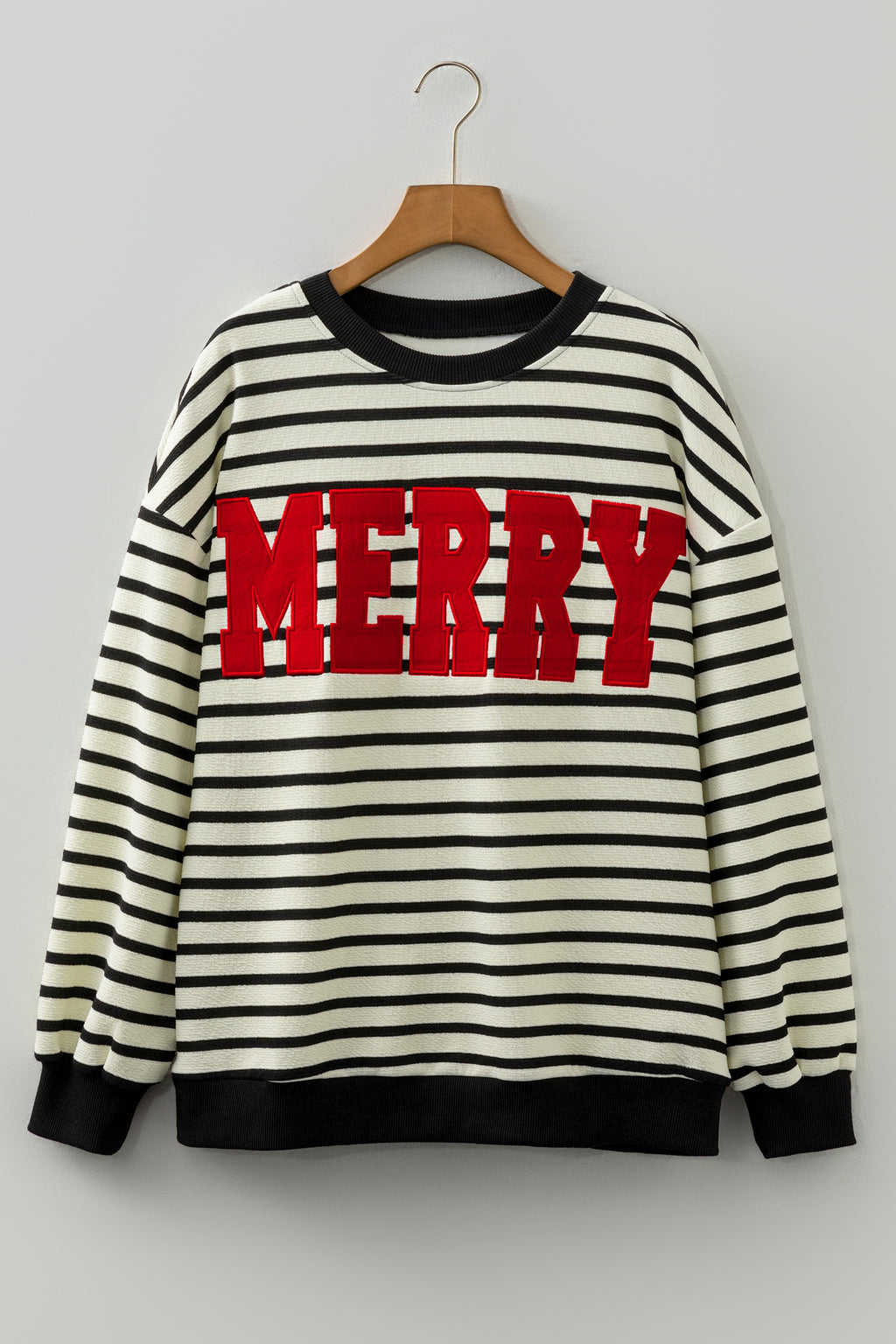 White Stripe Contrast MERRY Letter Christmas Print Drop Shoulder Sweatshirt