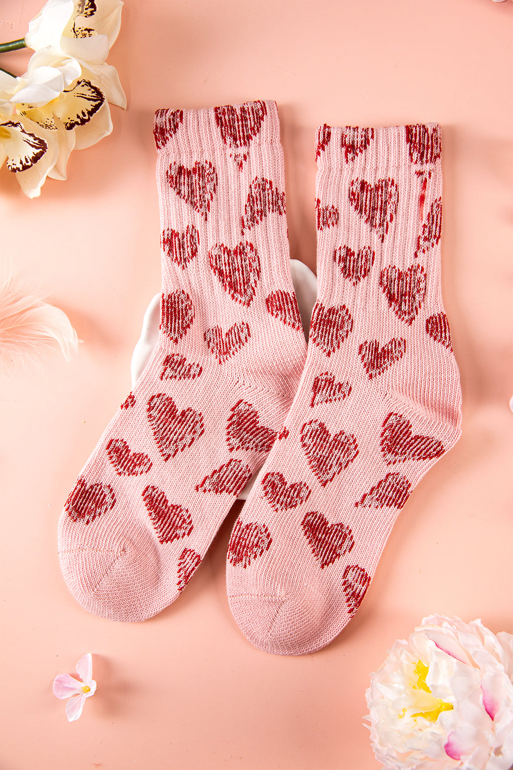 Pink Vintage Heart Pattern Combed Cotton Socks