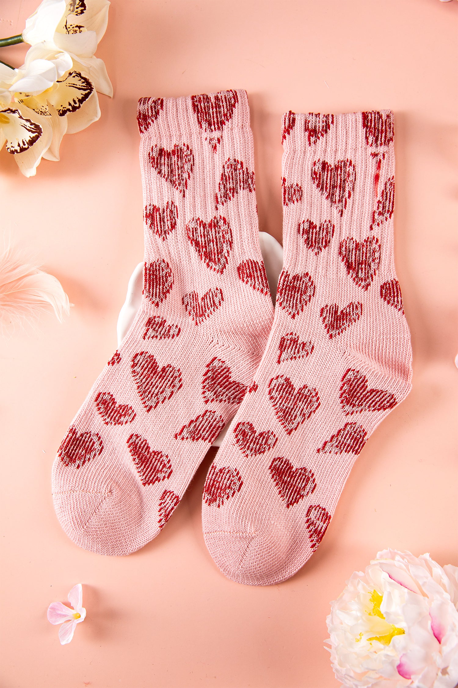 Pink Vintage Heart Pattern Combed Cotton Socks