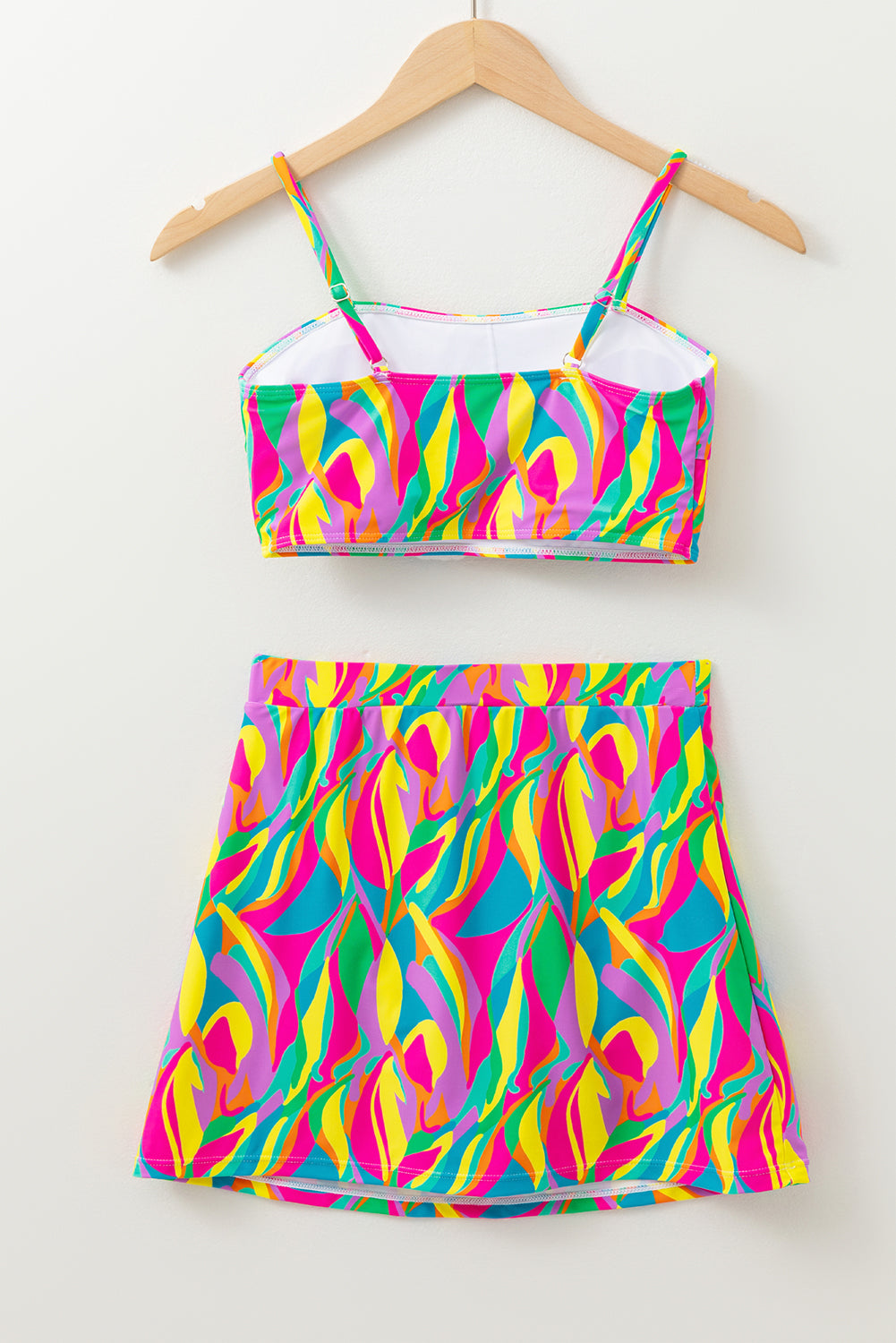 Multicolour Abstract Print Textured Spaghetti Strap High Waist Bikini Set