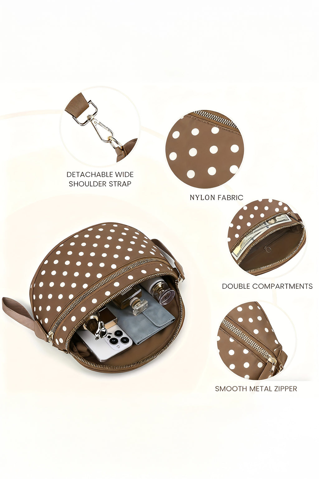Camel Polka Dot Print Gold Chain Strap Double Zipper Crossbody Bag