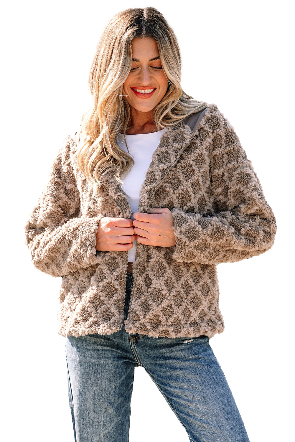 Chestnut Sherpa Rhombus Zip Up Side Pocket Hooded Jacket
