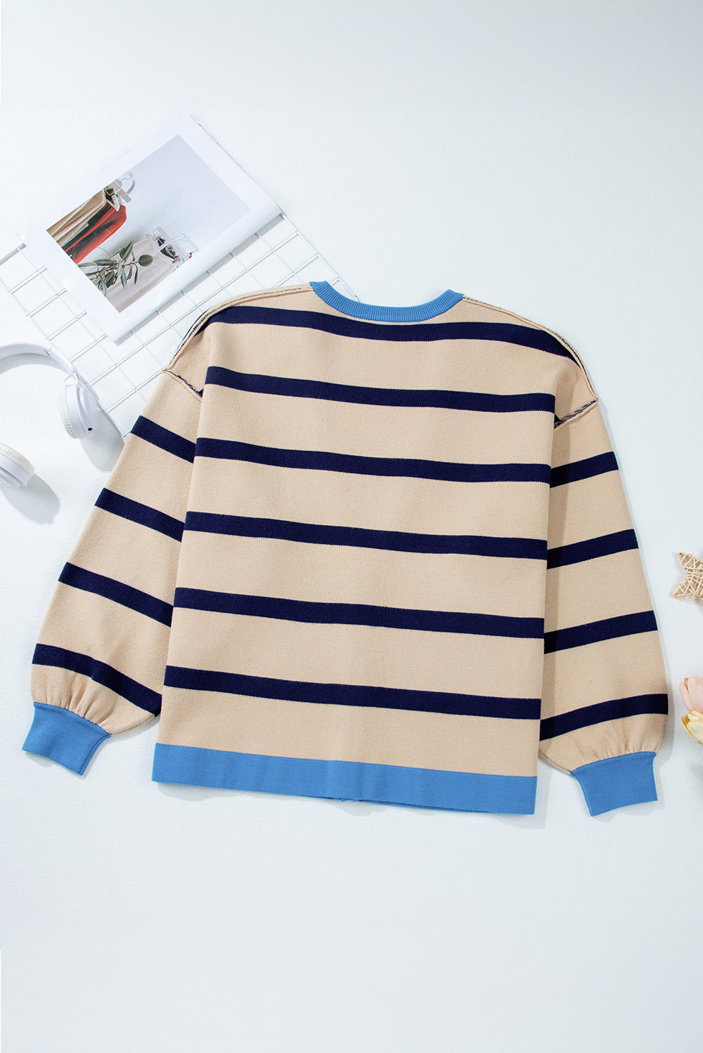 Pink Stripe Colorblock Drop Shoulder Buttoned Loose Cardigan