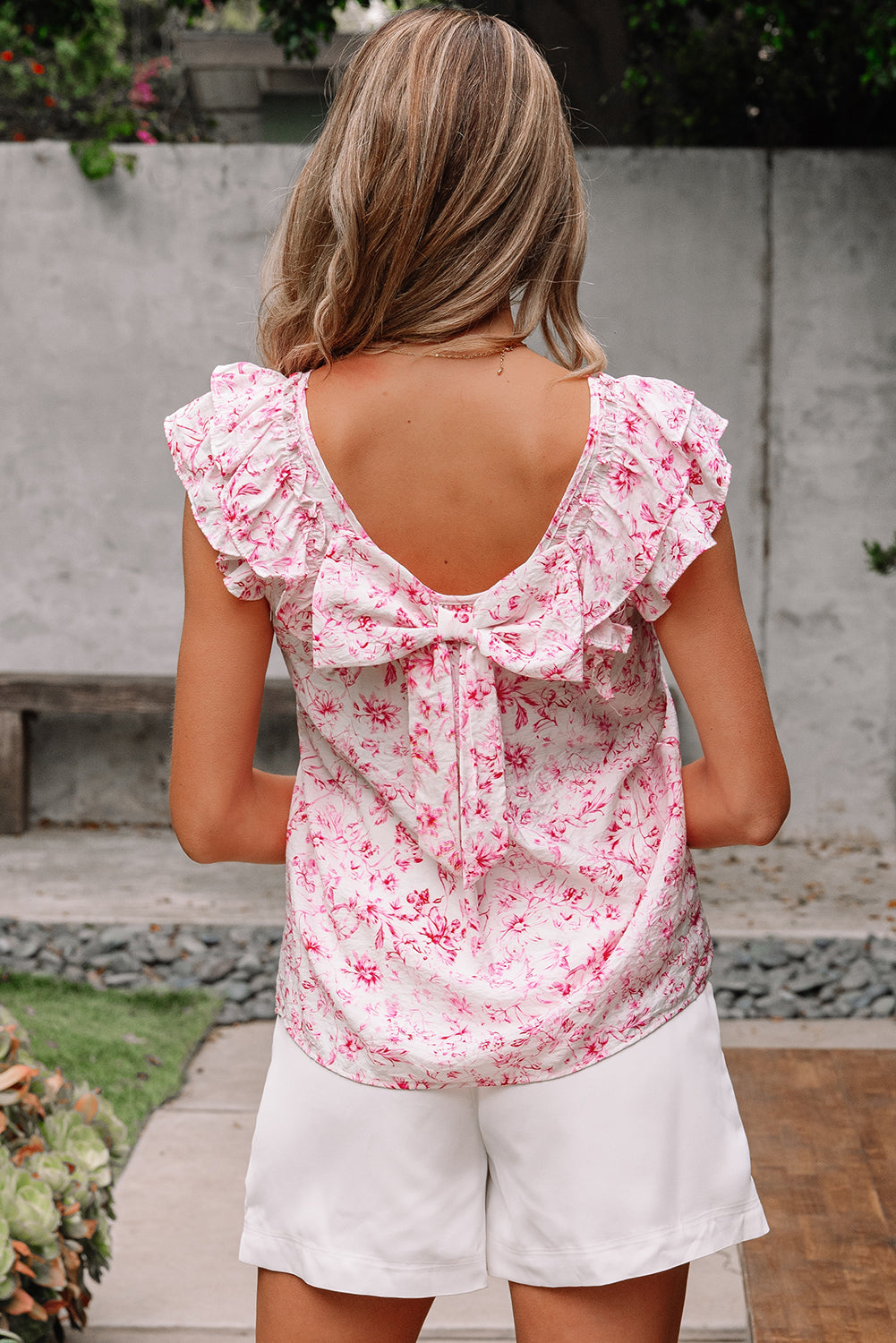 Beau Blue Textured Bow Knot Frilled Butterfly Sleeve Blouse