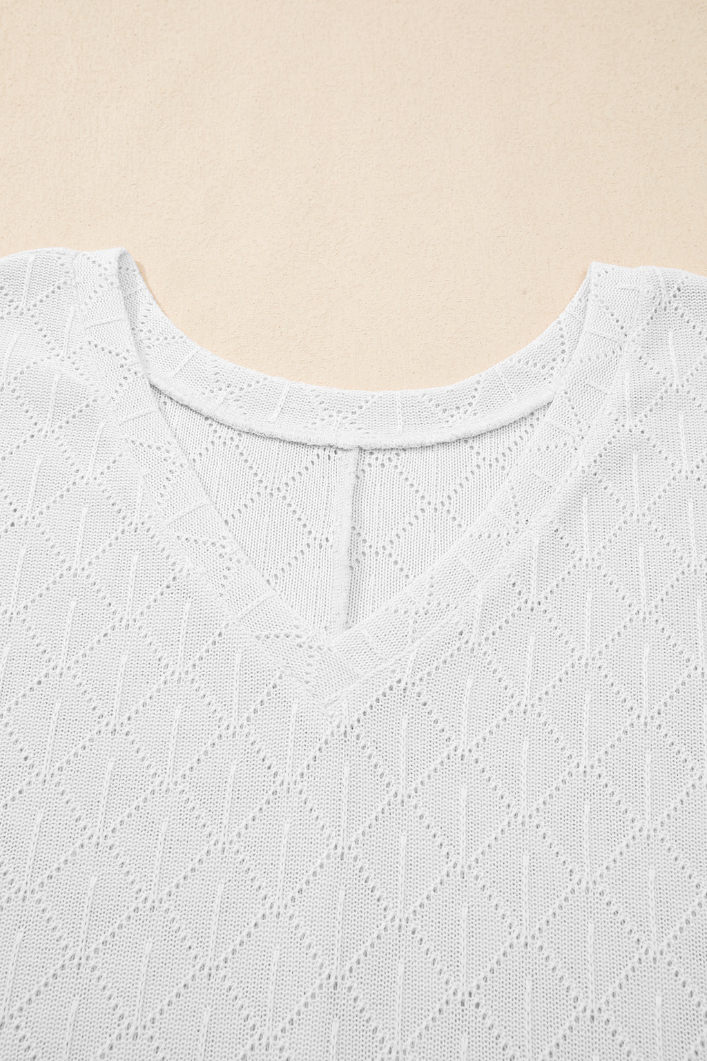 White Pointelle Rhombus Knit Plus Size V Neck Loose Top