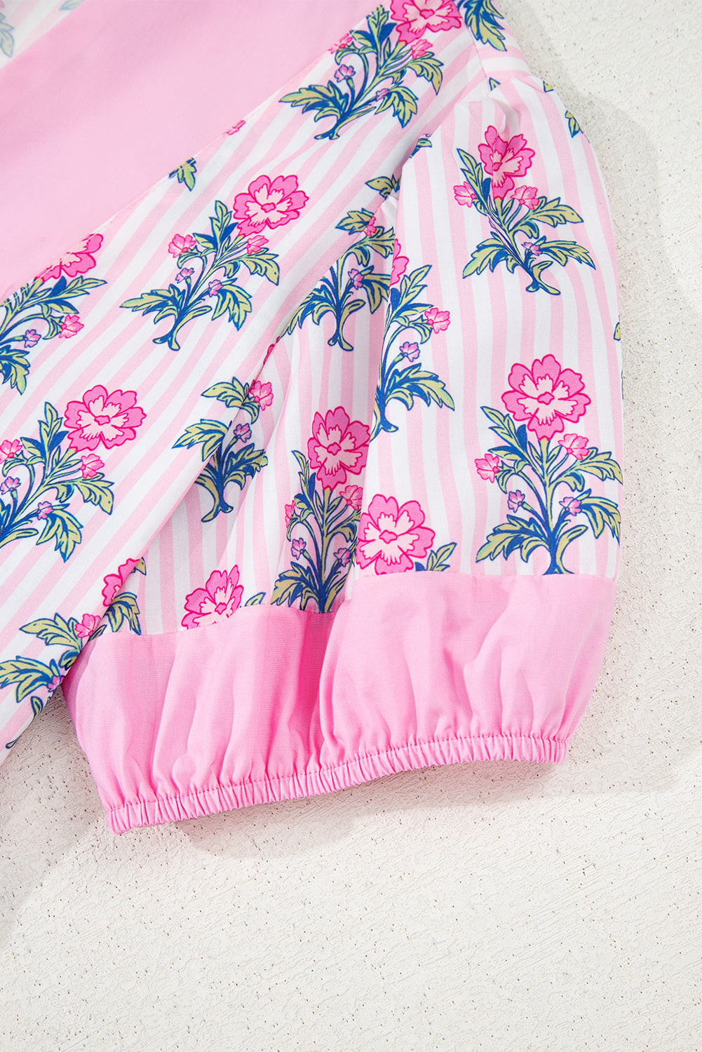 Rose Floral Striped Print Contrast Patchwork Ruffle Hem Blouse