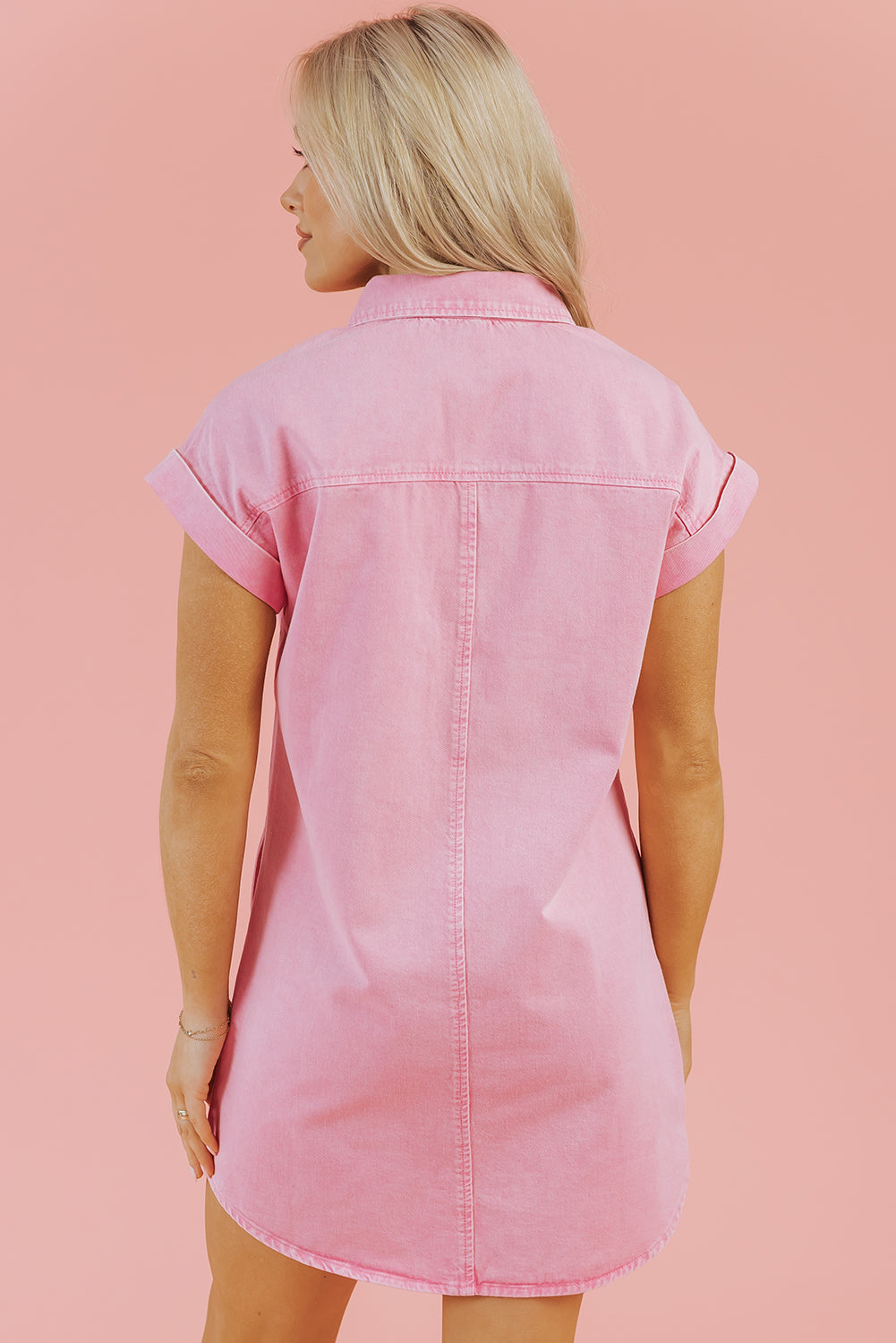 Orchid Petal Short Sleeve Double Chest Pocket Denim Shirt Dress