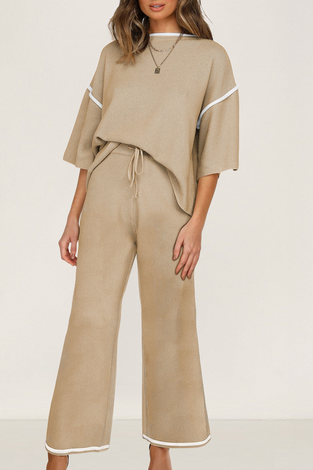 Blackish Green Contrast Trim Half Sleeve Top Drawstring Pants Loose 2pcs Sweater Suit