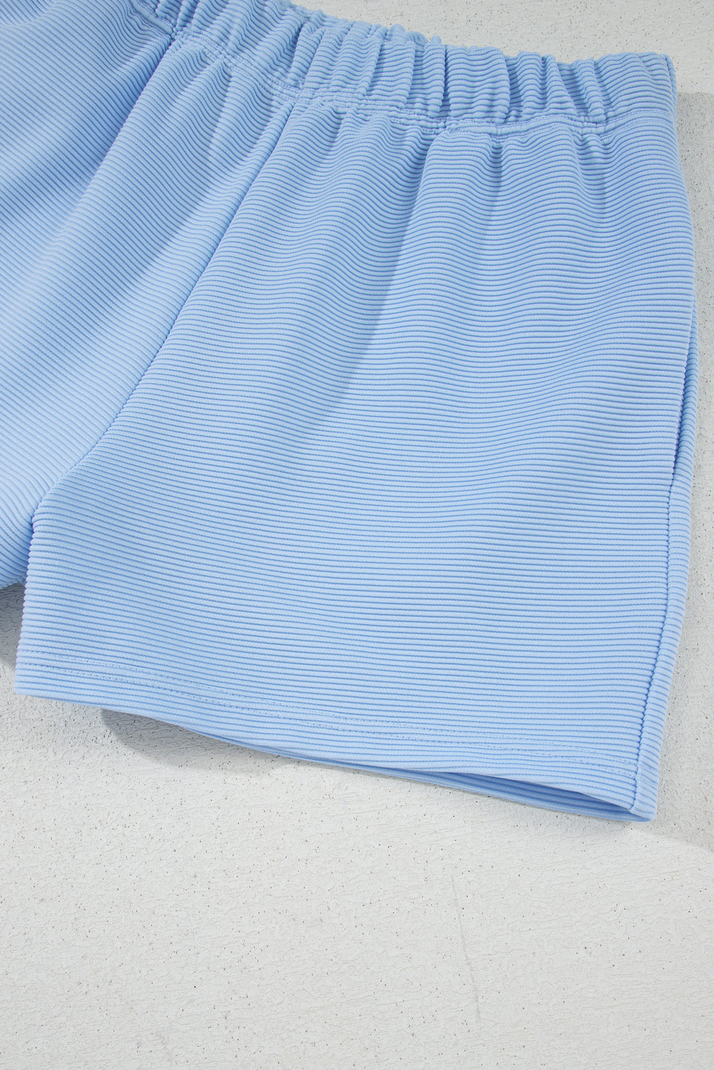 Beau Blue Ribbed Texture Half Zip Ruffled Short Sleeve Top and Shorts Set