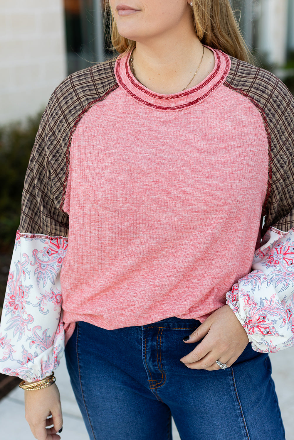 Fushia Mixed Print Raglan Sleeve Ribbed Knit Patchwork Blouse