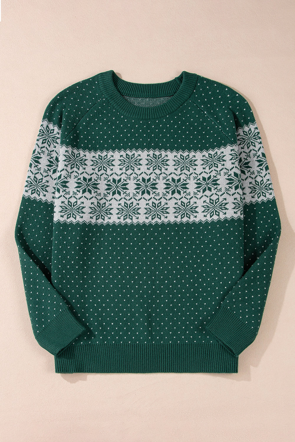 Green Christmas Snowflake Dotted Print Round Neck Sweater