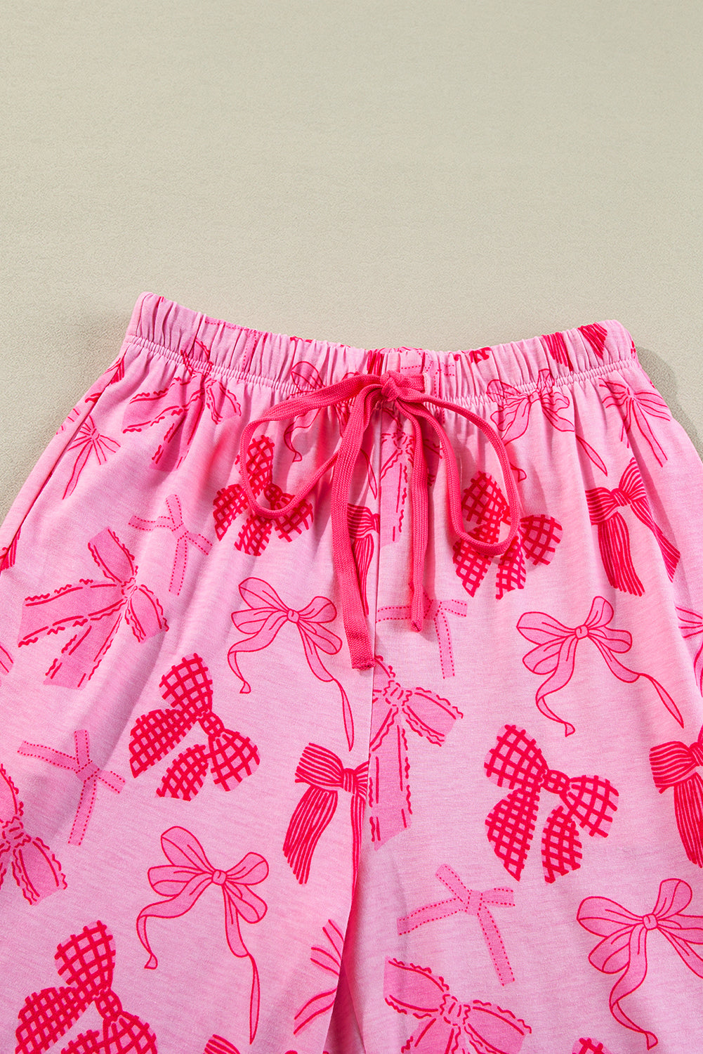 Pink Bow Print Half Sleeve Shirt and Shorts Pajamas Set
