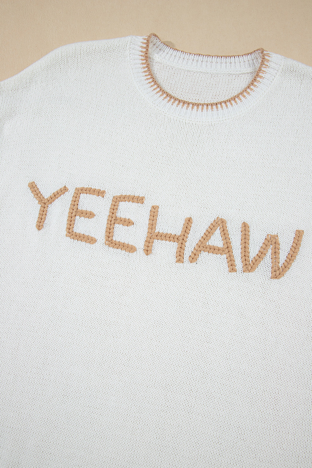 White Knitted YEEHAW Stitch Edge Crew Neck Sweater T Shirt