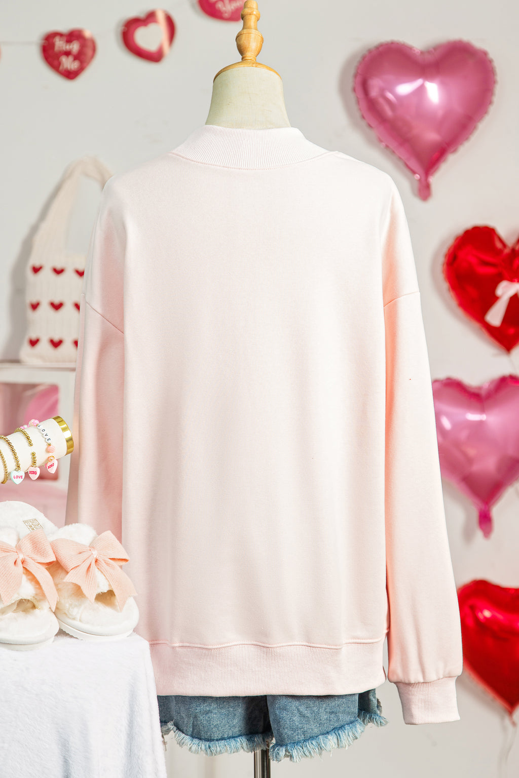 Bright Pink Oversize Blessed Embroidered Mock Neck Sweatshirt