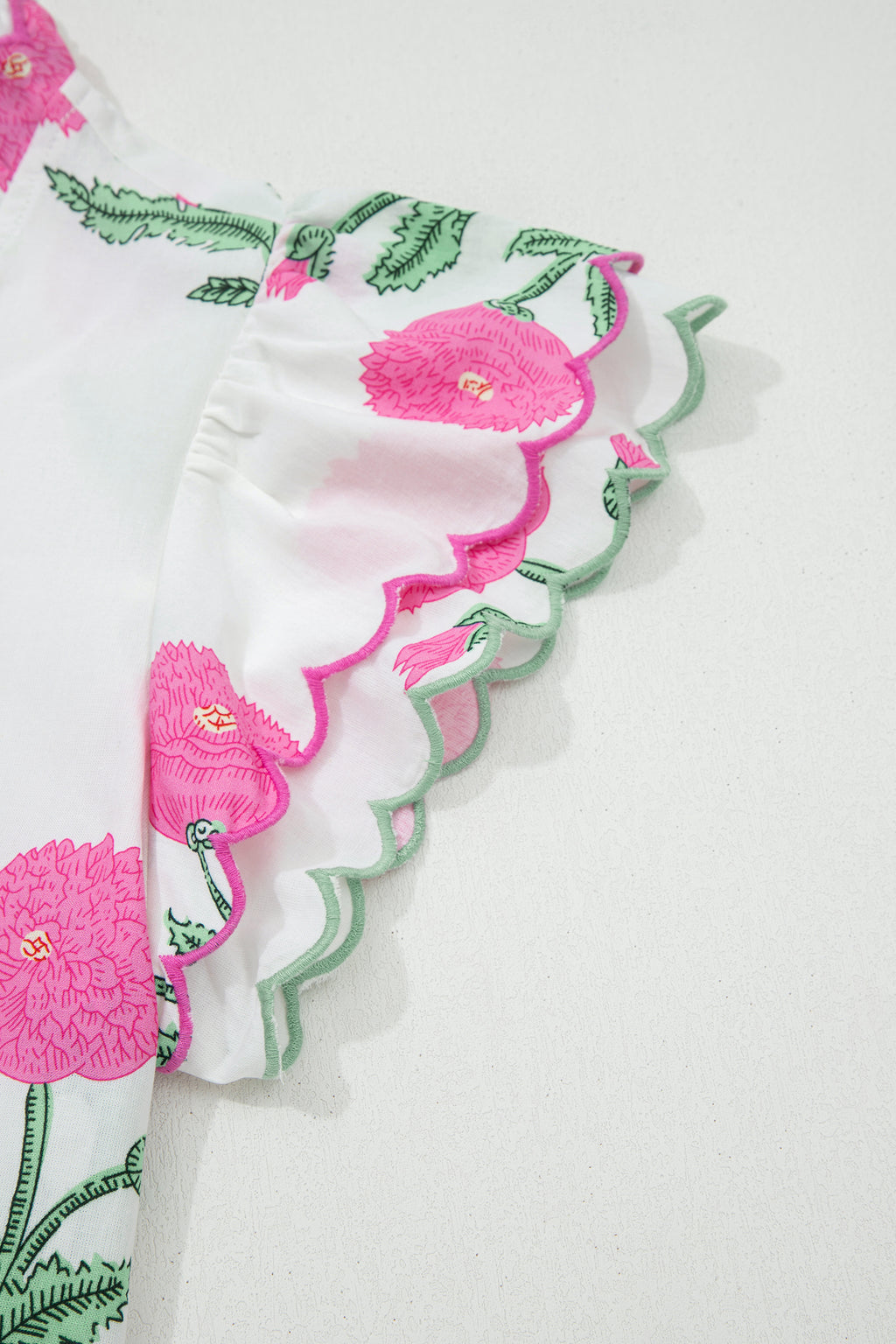 Blue Wild Flower Print Contrast Trim Scallop Detail Short Sleeve Blouse