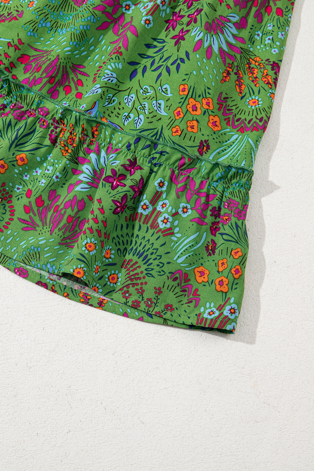 Green Floral Tie Split Neck Frilly Ruffle Trim Tiered Short Dress