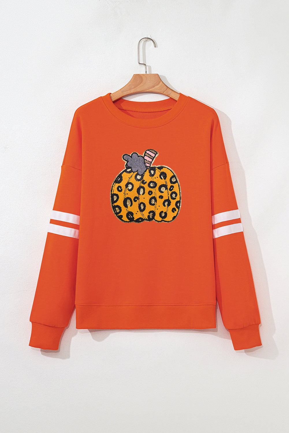 Black Halloween Pumpkin Face Sequin Patched Oversize Varsity Sweatshirt