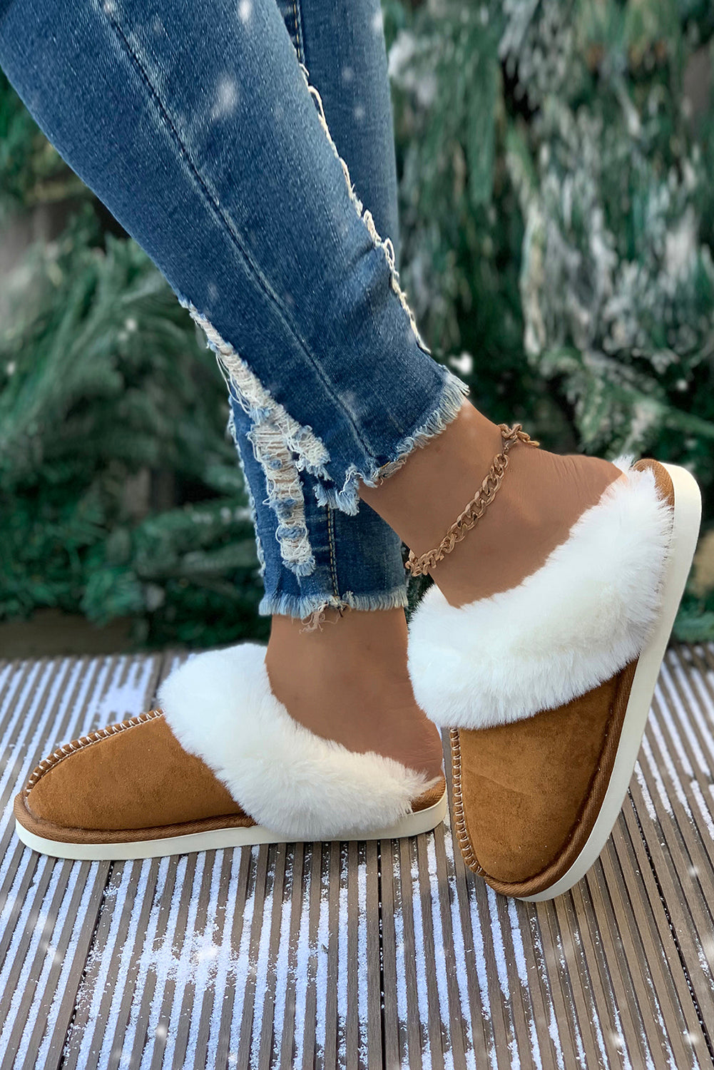 Khaki Cut and Sew Faux Suede Plush Lined Slippers